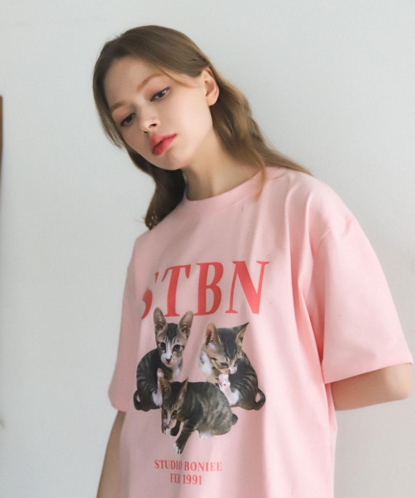 BONIEE Wooden Kitten Collage Cat Graphic Loose T-Shirt Pink