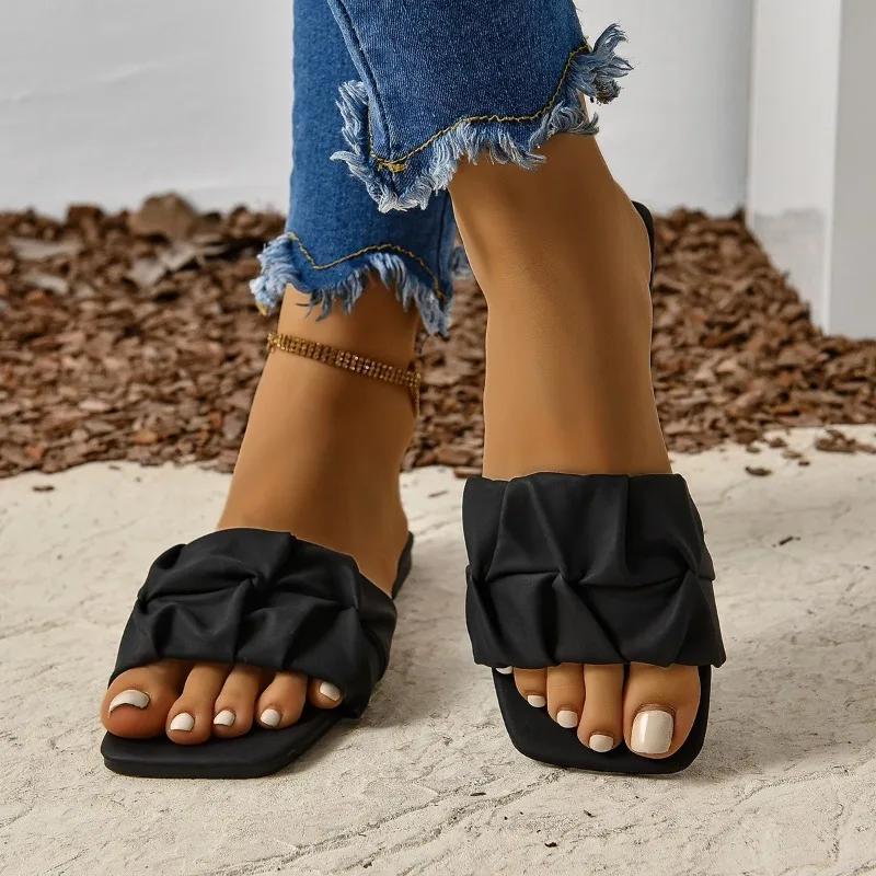 Fashion Shoes for Women 2024 Hot Sale Square Toe Women Slippers Summer Open Toe Solid Light Casual Flat Comfortable Large Size Slippers