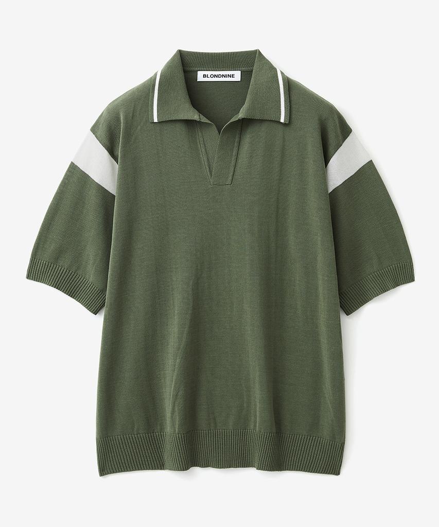 BLOND9 Cotton Varsity Open Collar Short Sleeve Knit_Deep Green