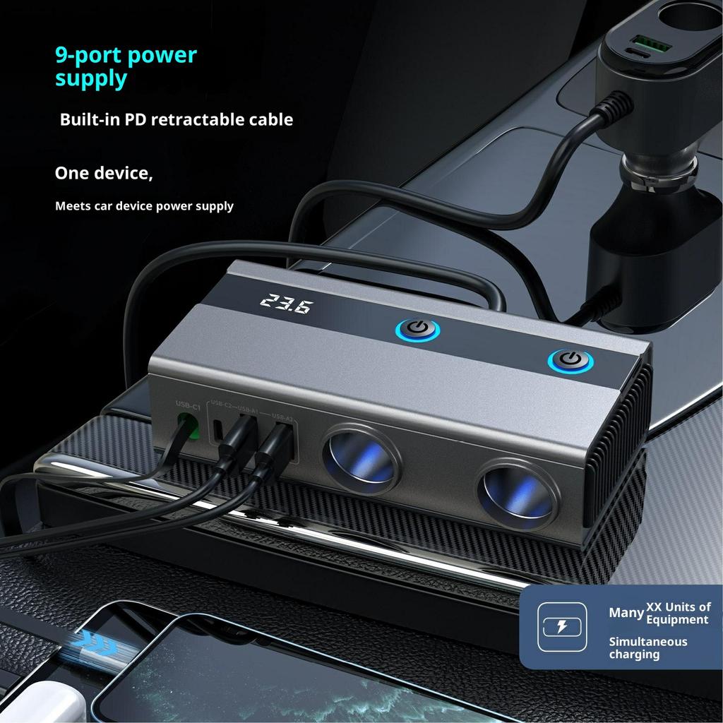 GE08 PD 65W Fast Charging Car Charger 9 in 1 Cigarette Lighter Adapter with Independent Switch and Retractable Cable