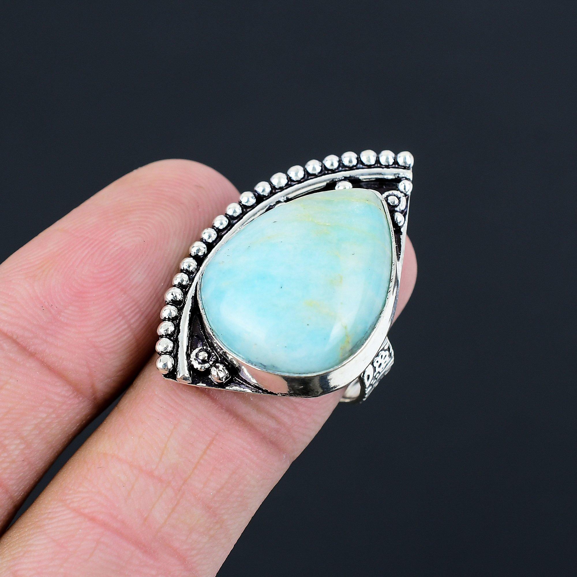 Pear Amazonite Stone Art Deco Wedding Ring Jewelry 925 Sterling Silver US 8.5 8.5
