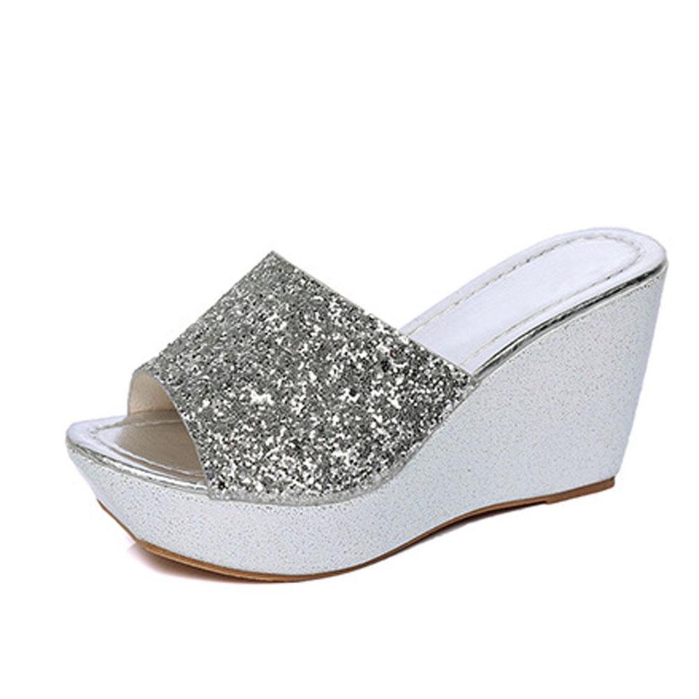 Women Summer Casual High Heel Wedge Skid Slippers Bling Flip Flops Shoes