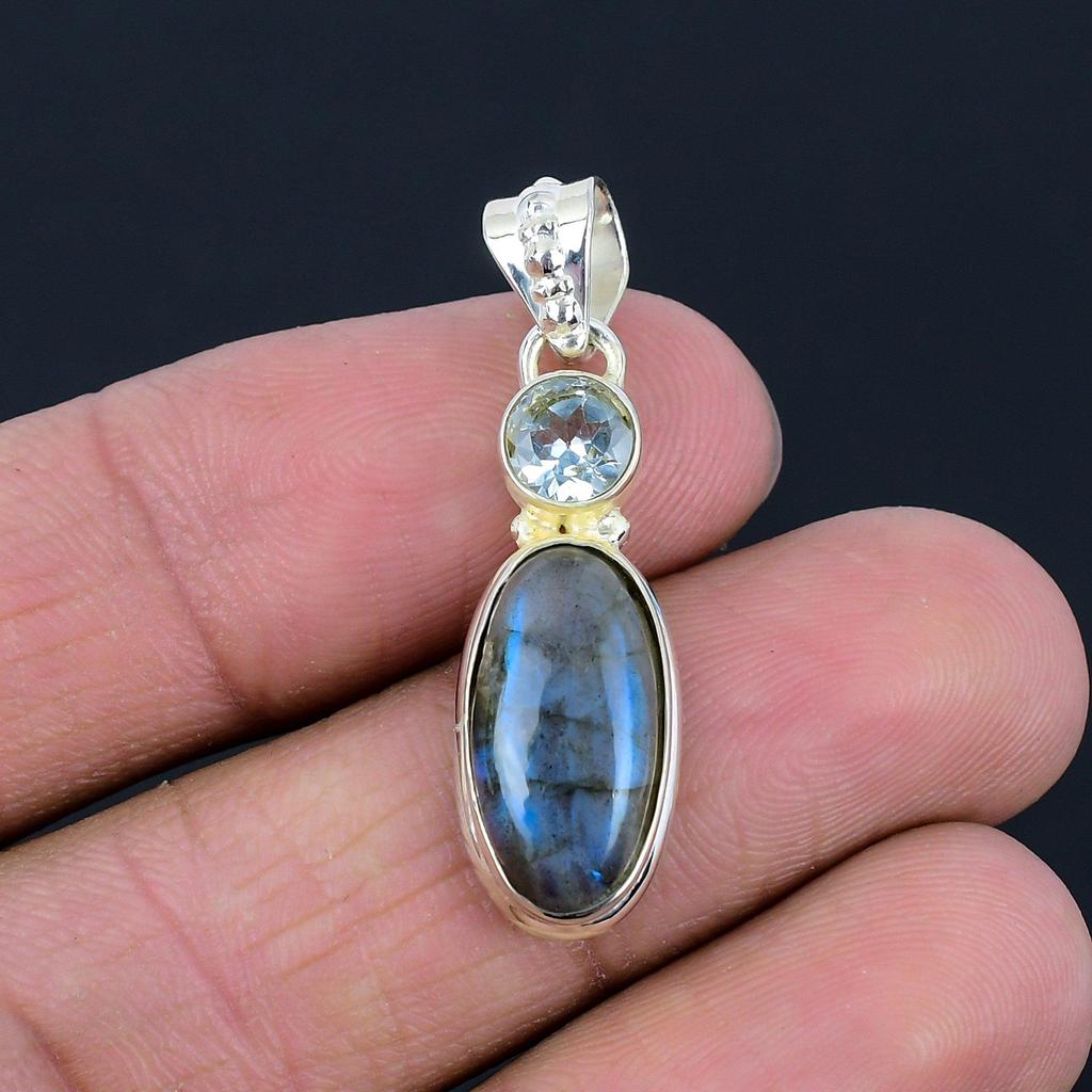 Natural Labradorite Gemstone Pendant, 925 Sterling Silver, Blue Topaz Gemstone, Handmade Pendant Jewelry Gift For Valentine's Day