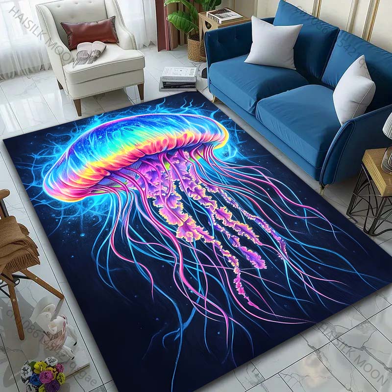 Multiple Sizes Colorful Glowing Jellyfish Art Carpet for Living Room Bedroom Sofa Home Decor Rus Non-slip Floor Mat Luxury Gift