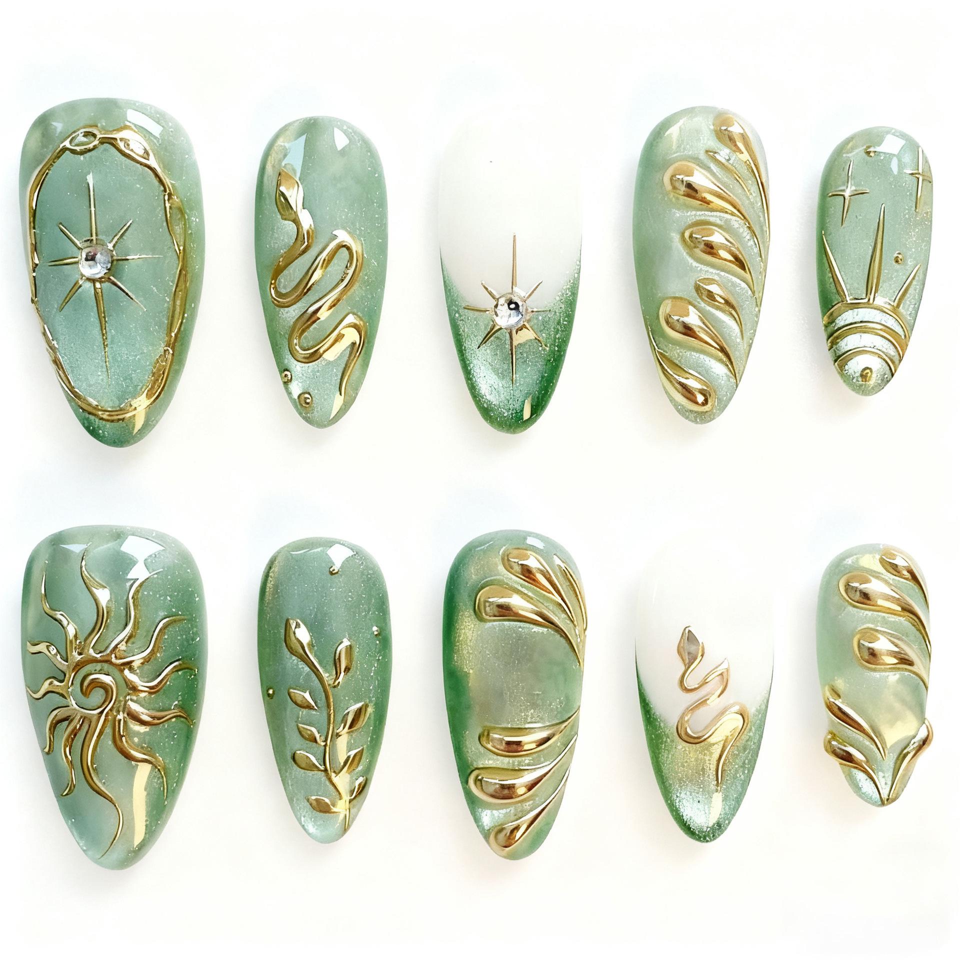 30-Piece Set: Gold Foil & Gem 3D Chrome Heart French Almond Nail Art Tips