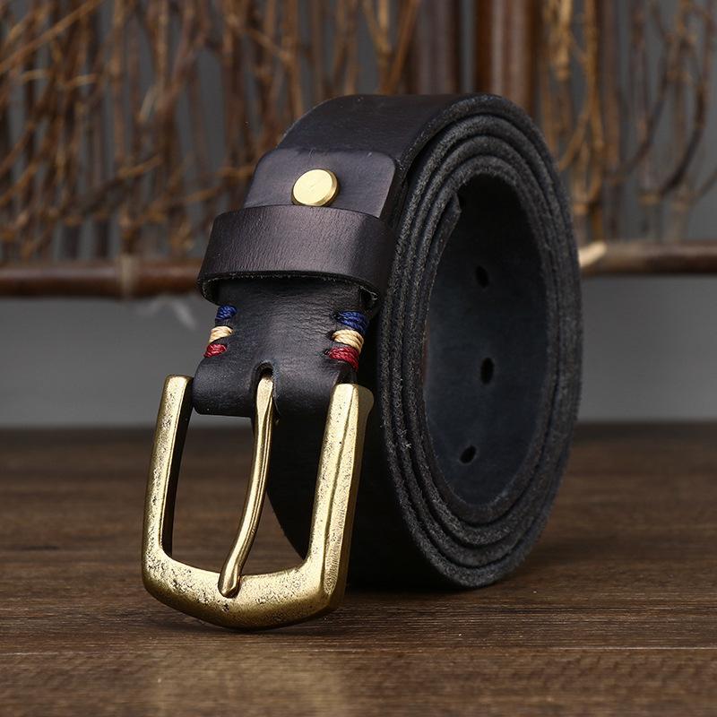 Belt Men's Thick Retro Vegetable Tanned Cow Leather Brass Buckle Belt Men's Casual Rough Fashion
