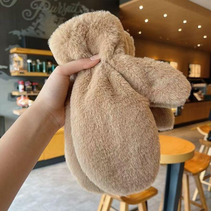 Winter Cute Girl Fleece-Lined Fingerless Plush Mittens with Faux Rabbit Fur - Warm and Stylish for Autumn & Winter