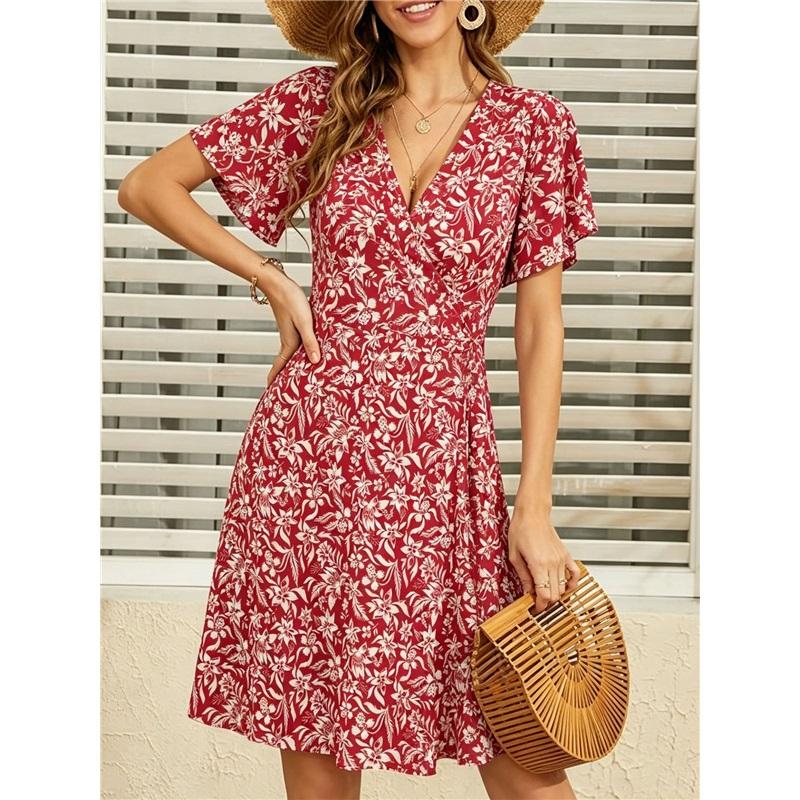 Women s Summer Fashion: Floral Print, Short-Sleeve, Fitted V-Neck A-Line Dress L