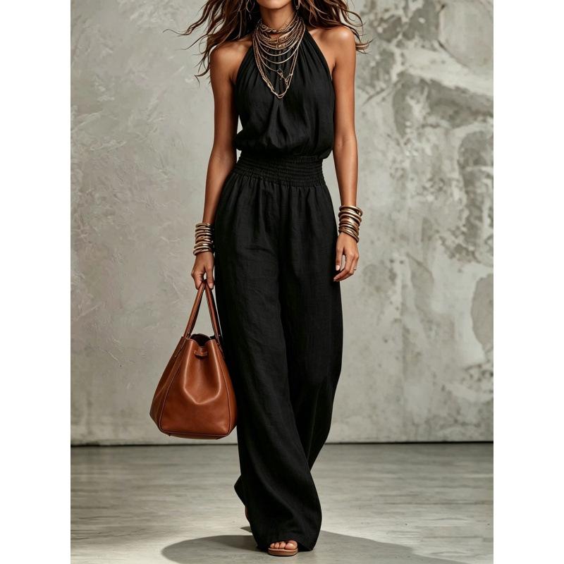 European and American cross-border foreign trade women's clothing 2026 summer sexy sleeveless backless waist strap neck wide leg jumpsuit women