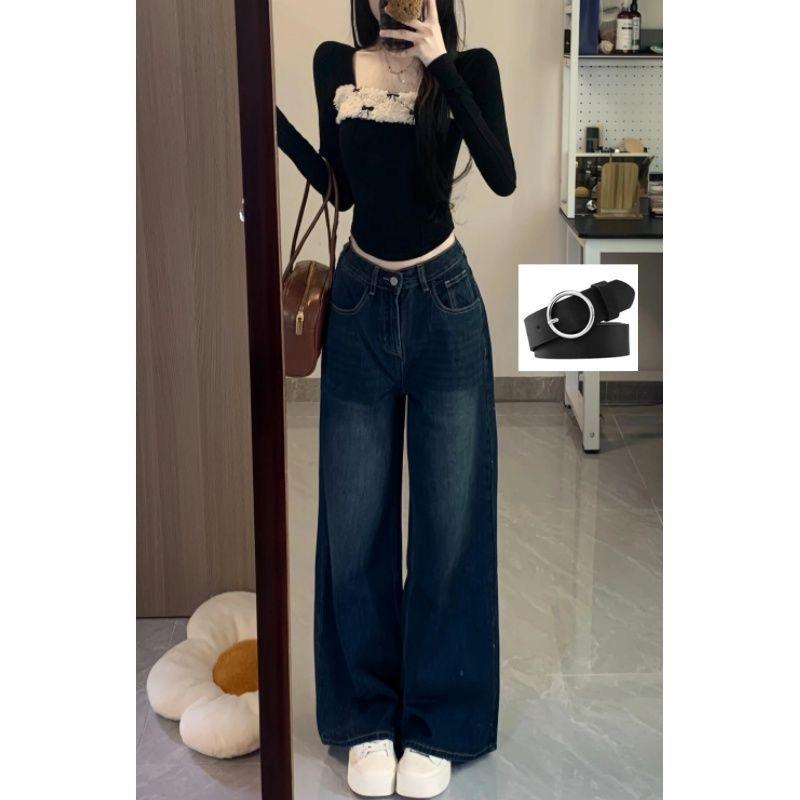 Petite Retro High Waist Wide Leg Jeans for Women - Slimming, Loose Fit, Straight Floor-Length Pants