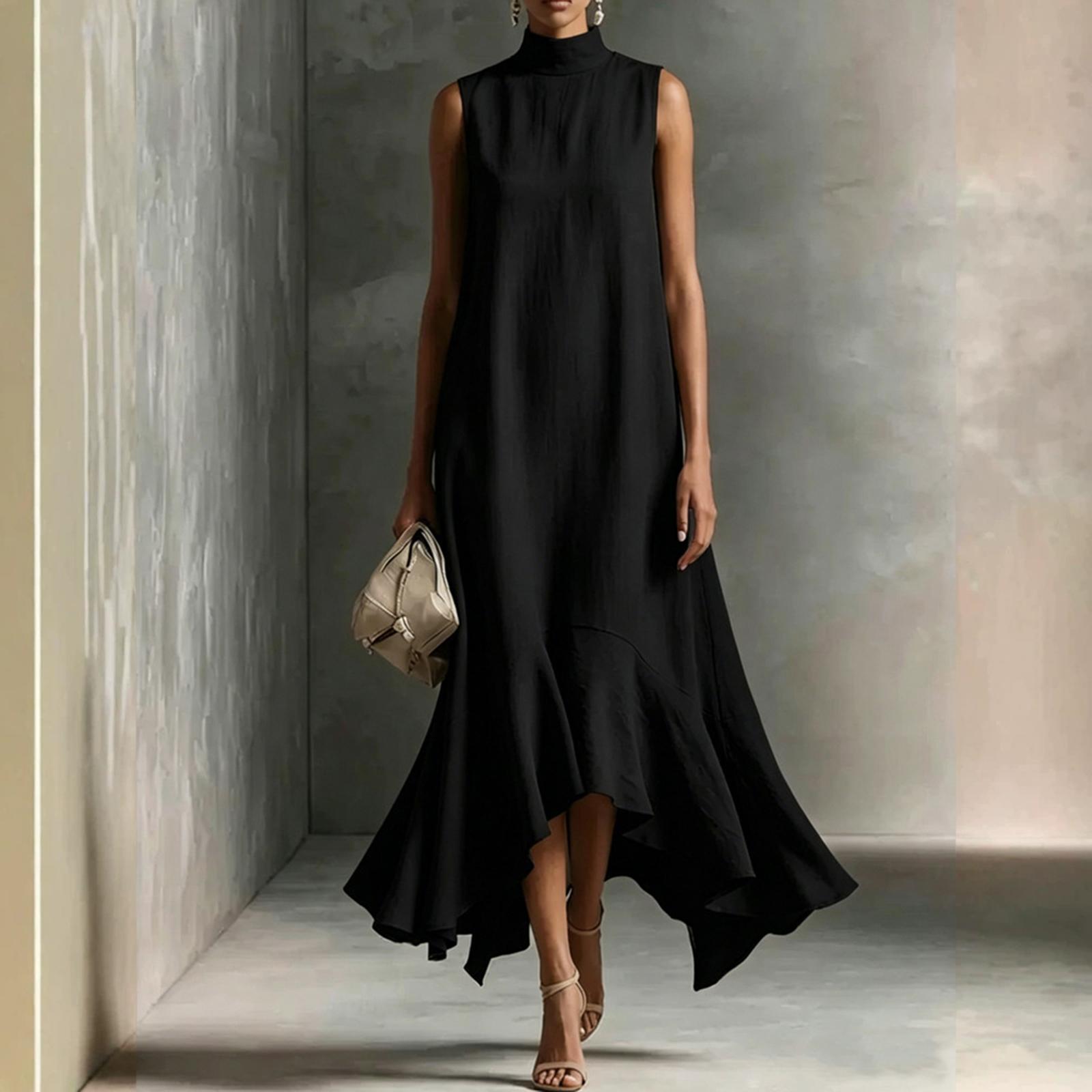 Women s Casual Loose Fit Turtleneck Sleeveless Dress, Color Dress for Summer L