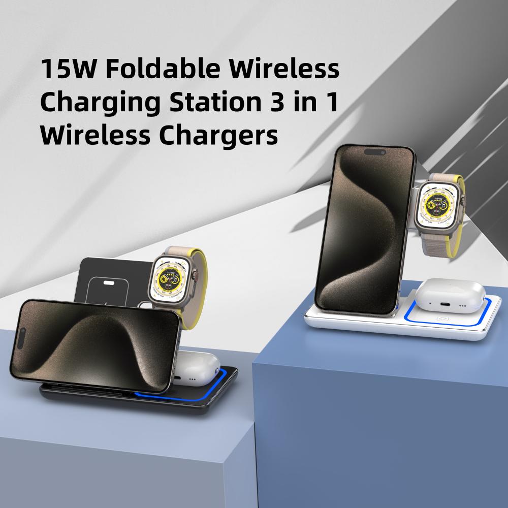 15W Fast Wireless Charger Stand 3 In 1 Foldable Charging Station For iPhone 15 14 13 12 11 Apple Watch 9 8 7 6 5 Airpods Pro