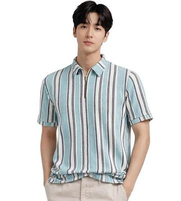 Men’s Loose Fit Half Sleeve Vertical Striped Polo T-Shirt with Zip Collar
