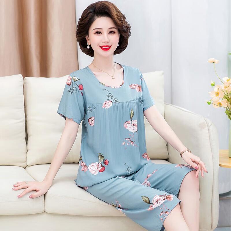 GUJIN Spring New Home Wear Pajama Pants for Middle-Aged And Elderly Women, Loose-Fitting Cotton Silk Sleepwear Set, Can Be Worn Outside, 3XL Size