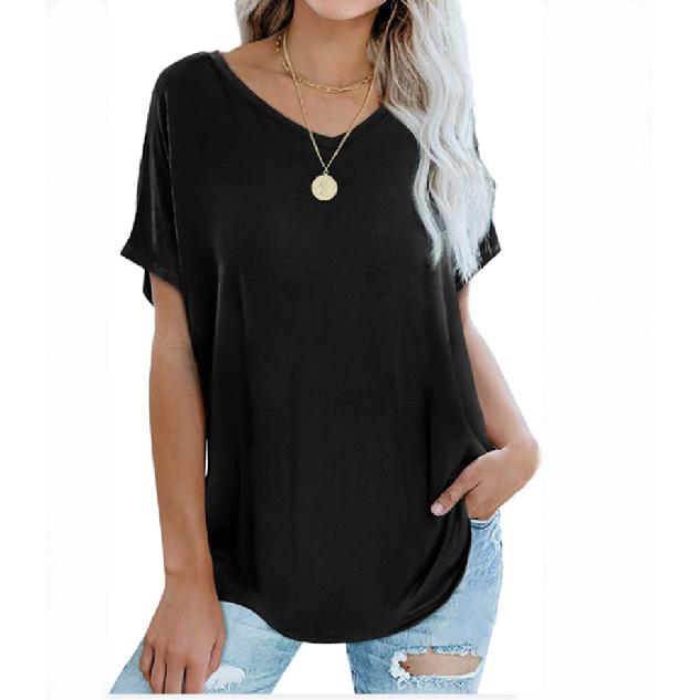 2026 Women s Loose Solid Color V-Neck Casual Summer T-Shirt S чёрный