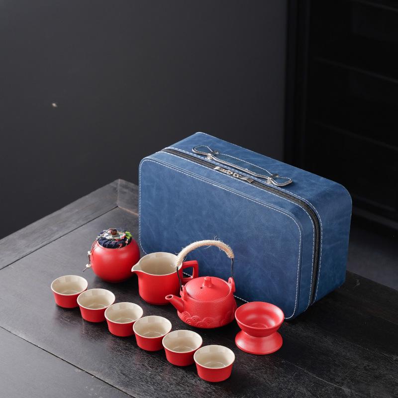 High-End Portable Ceramic Tea Set with Teapot, Teacups, and Tray for Household or Outdoor Use