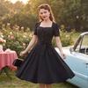 Women's Color Square Neck Short Sleeve Cinched Waist Full Skirt Vintage Dress