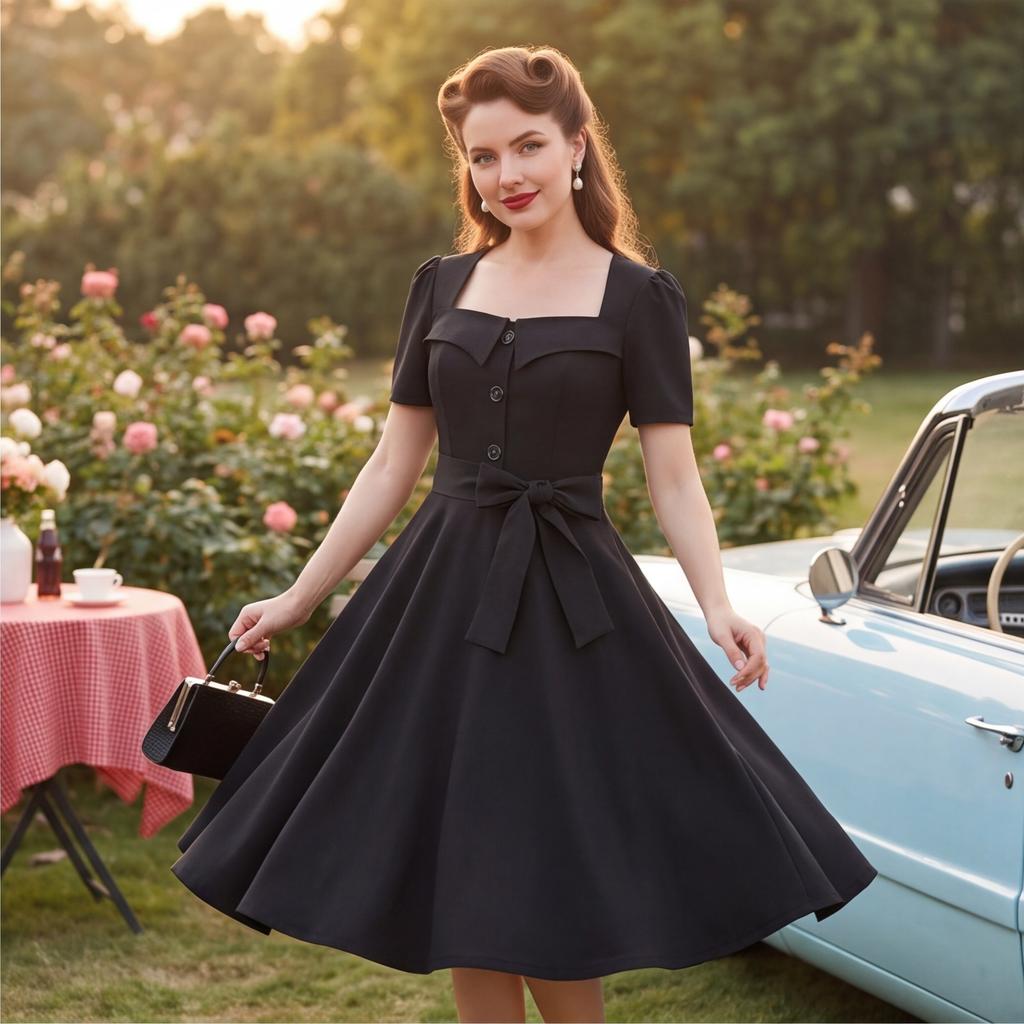 Women's Color Square Neck Short Sleeve Cinched Waist Full Skirt Vintage Dress