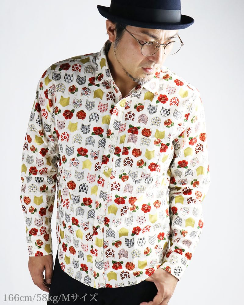 Quintet Long Sleeve Cat and Floral Print Made In Hyakka Ryoran 10 Men's Japanese-Style Shirt, Japan, 11-70173 (M, White)