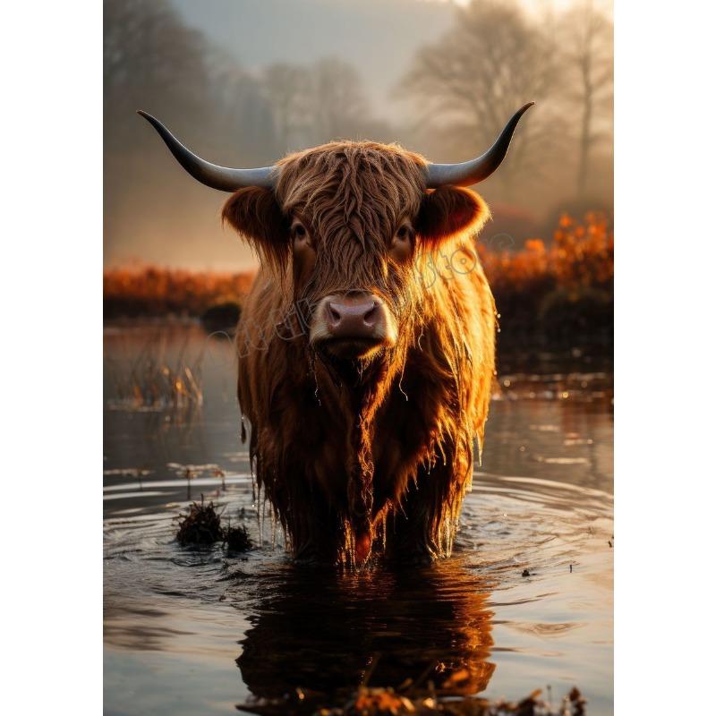 Scottish Highland Cow In Flowers Portrait Cute Wild Animals Poster Canvas Painting Wall Art Pictures Home Farmhouse Decor Gift