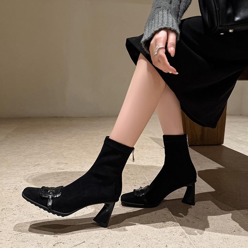 7CM brown fashion suede elastic boots British style versatile square head metal fasteners fashionable rear zipper small short boots