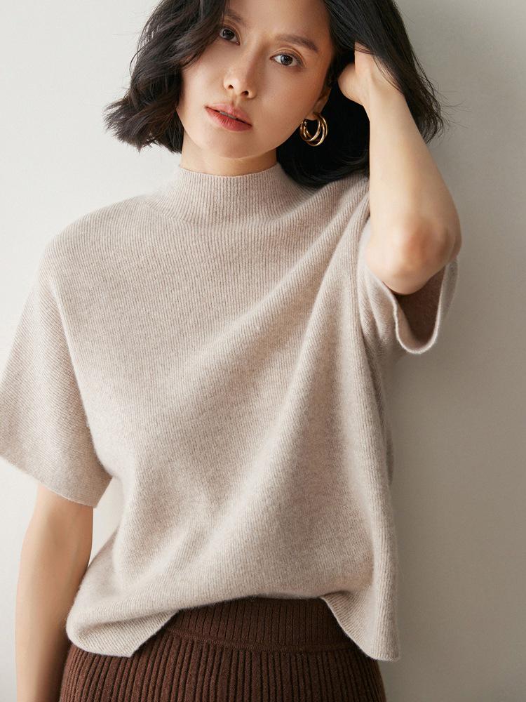 Women's Casual Half-High Collar Knit Cashmere Sweater Vest - Simple, Versatile, Comfortable Pullover, Short Sleeve