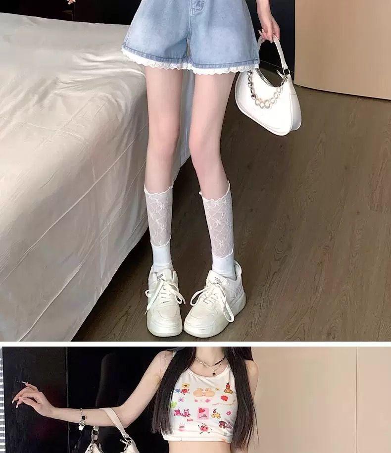 Women's Summer 2026 High Waist Beaded Lace Denim Shorts - Plus Size, Slimming, Versatile, Petite-Wide Leg