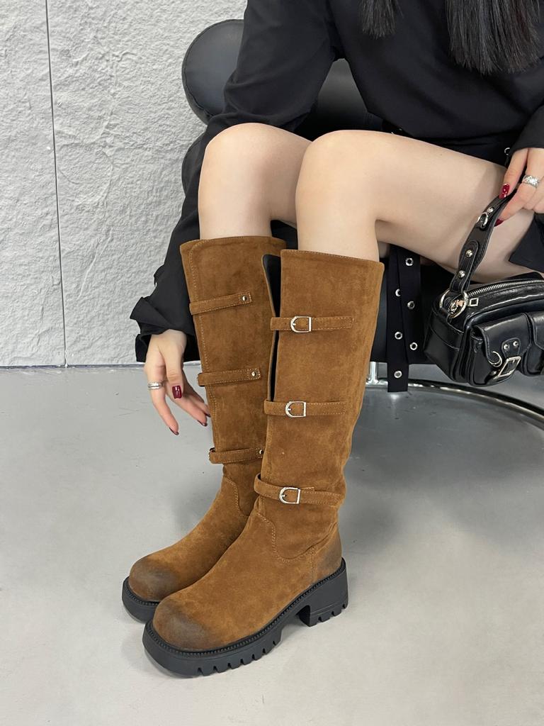 Vintage Western Boots European Station Long Boots Rubber Sole Round Head Tall Tube 2025 Autumn and Winter Suede Leather Knight Boots