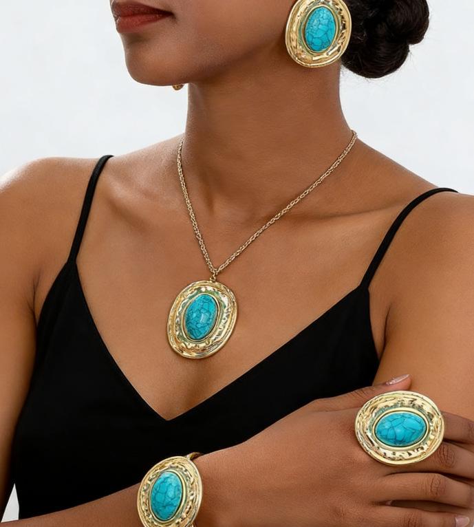 Складной кулон овальной формы с узором молотка, инкрустированный имитацией бирюзы, нишевый универсальный набор модной бижутерии