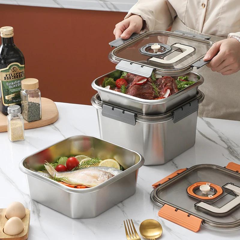 Stainless Steel Food Storage Box Thickened Square Plate Portable Side Dish Container Freshing Lunch Box with Carrying Handle
