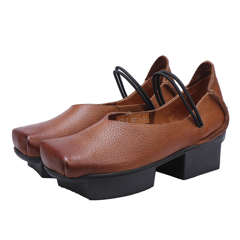 Johnature Vintage ekte kuskinn firkantet tå damesko Allsidig ekte skinn pumper med mellomhæl