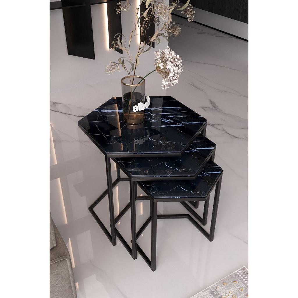 Master Hexagon Black Metal Black Glass 3-piece Nesting Table