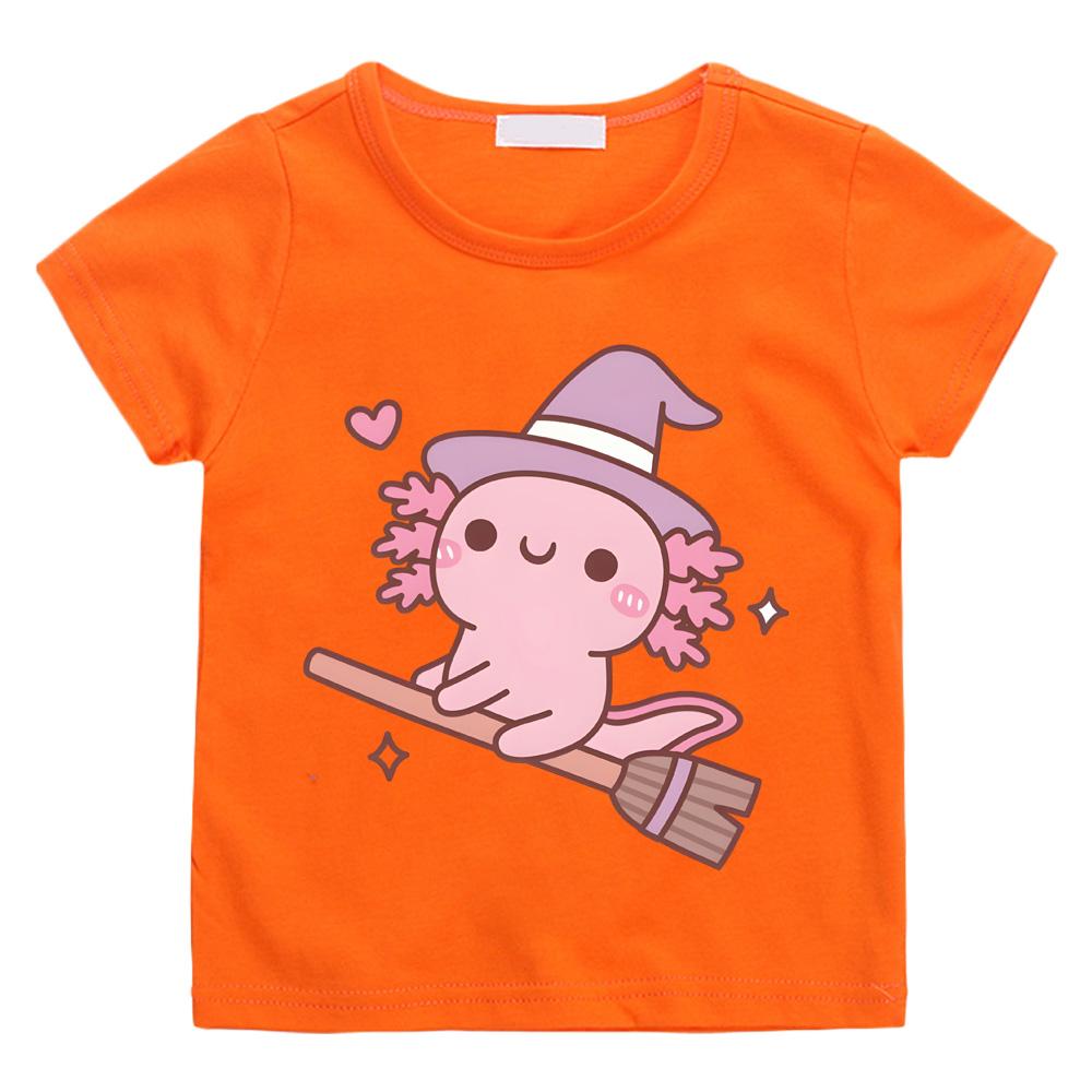 2026 New Style Cute Axolotl Witch Flying on A Broom T-shirts Boys Girls Children T Shirt Graphic Printing Tshirt