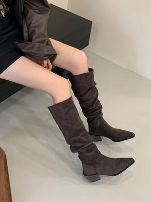 2025 Autumn and Winter New Fashion European and American Pointed High-heeled Boots Female Knight Pile Long Knight Boots