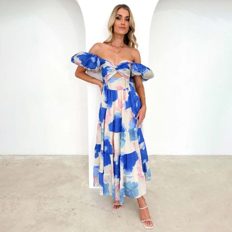 

Women s Summer V-Neck Pleated Print Dress with Belt Ankle-Length Fashion XL