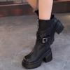 Waterproof table high-heeled short boots autumn and winter new thick-soled fashion boots belt buckle thick-heeled Martin boots
