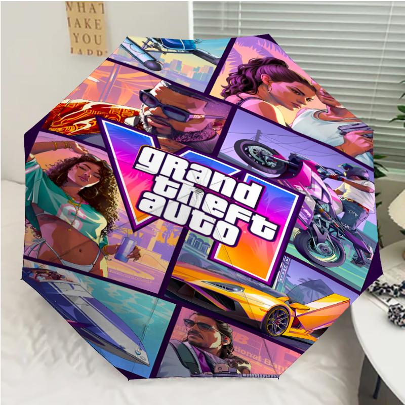 Game Grand Theft Auto Print Automatic Umbrella, 8 Rib Iron Frame, Plastic Handle, Suitable for Outdoor Travel &Daily , Ideal Gift