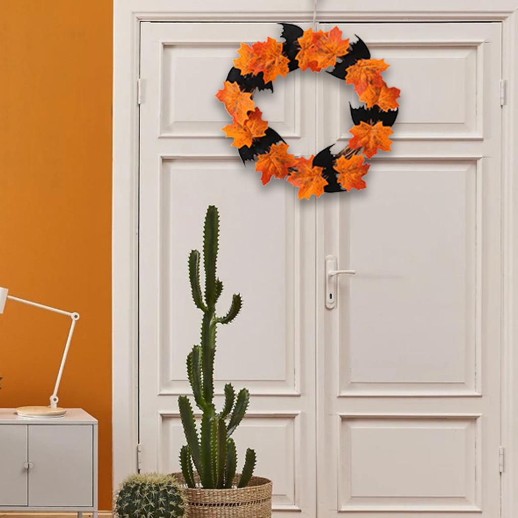 11 Inch Halloween Front Door Wreath Hanging Garland Artificial Maple Leaf Bat Wreath for Wall
