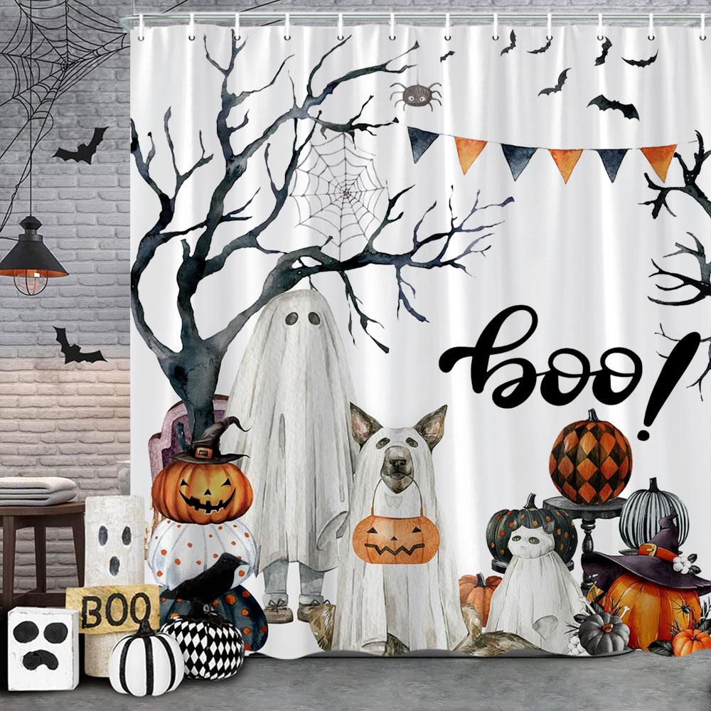 Funny Cat Halloween Shower Curtain Pumpkin Spider Animal Holiday Gift Polyester Curtains Bathroom Decor Hooks For Made Of