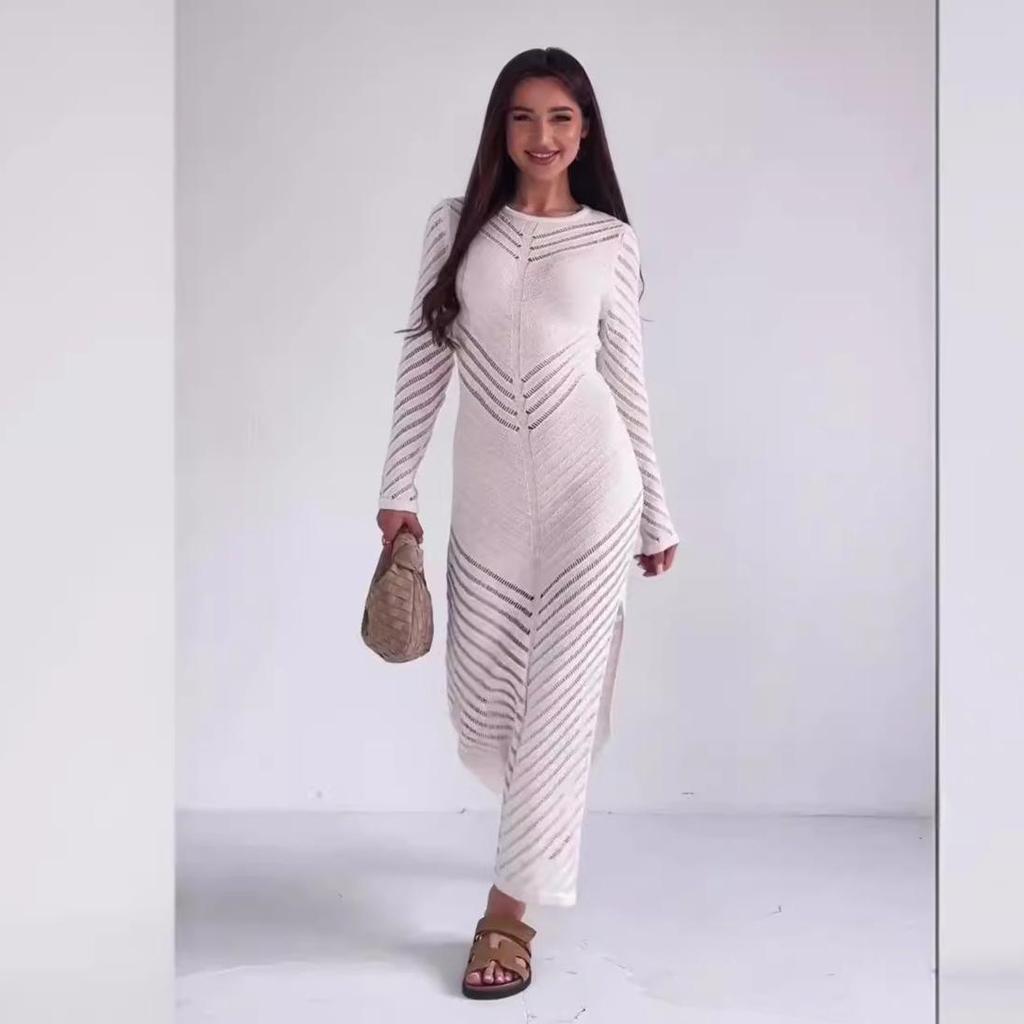 2024 Herbst Damen Einfarbig Durchsichtig Rundhals Sexy Bodycon Kleid