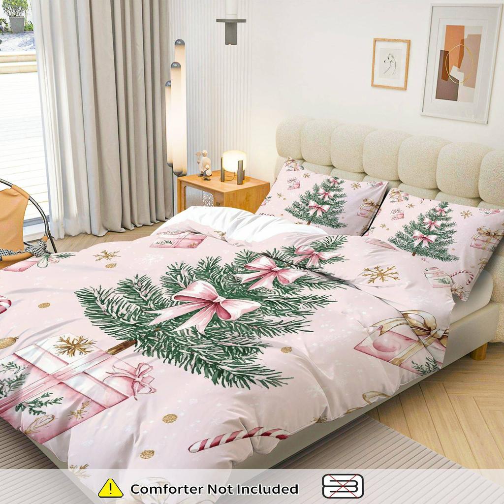 [Christmas Duvet Cover Set] 3Pcs Christmas Tree & Candy Cane Duvet Cover Set - Pink Bow, Golden Snowflake Design, Polyester