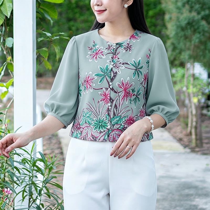 ZANZEA Women Casual Round Neck 3/4 Sleeve Loose Print Blouse
