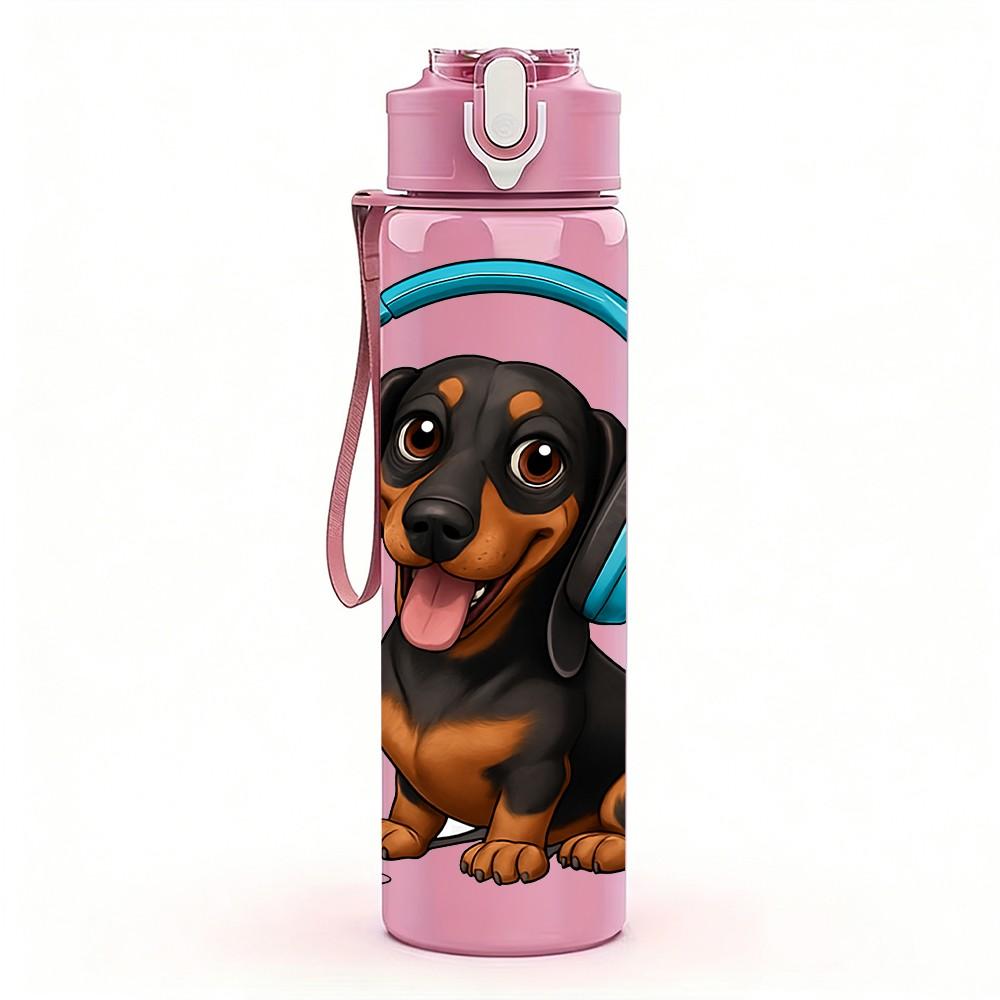 1PC Dachshund Dog Wearing Headphone Print 750ml Color Plastic Sports Water Bottle Leakproof Flip Straw Lid Suitable for Sports Office Home Use