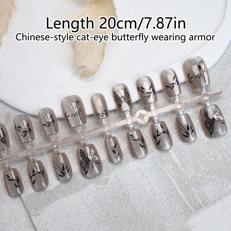 30Pcs Chinese Style Butterfly Cat'S Eye False Nails Wearable Xs/S/M Fake Nails Press On Nails Tip Nail Art Nail Salon