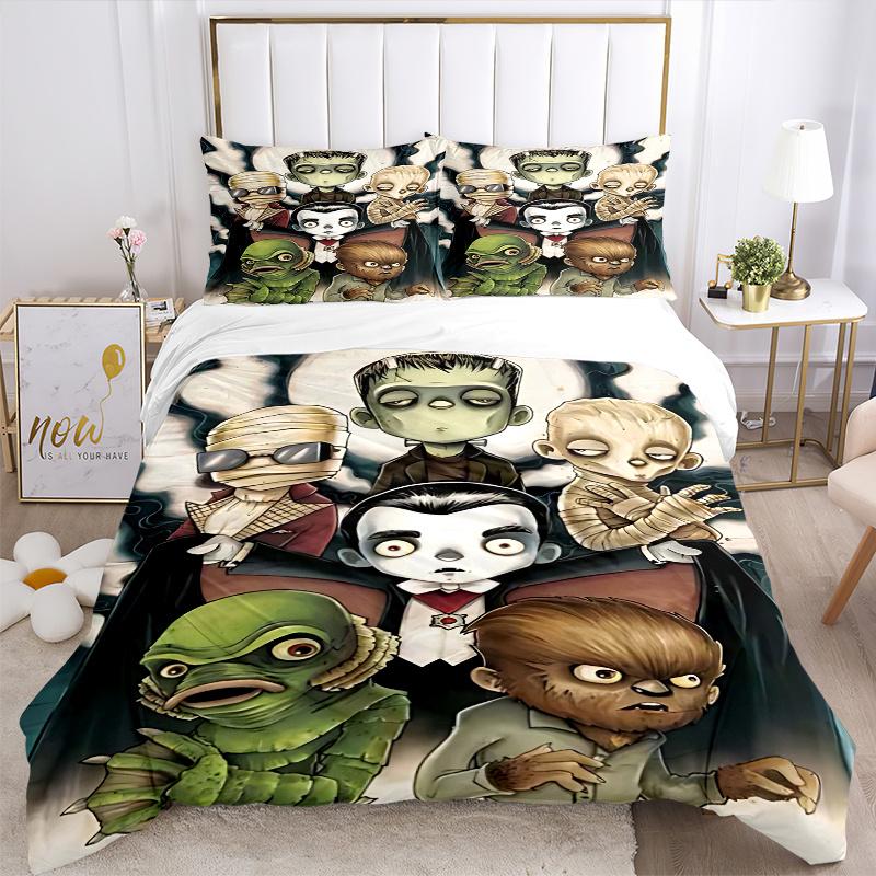 3pcs Halloween Monster Family Bedding Set - Includes One Quilt Cover and Two Pillowcases (No Core) - Anime Cartoon Design - Perfect for Bedroom and Gu