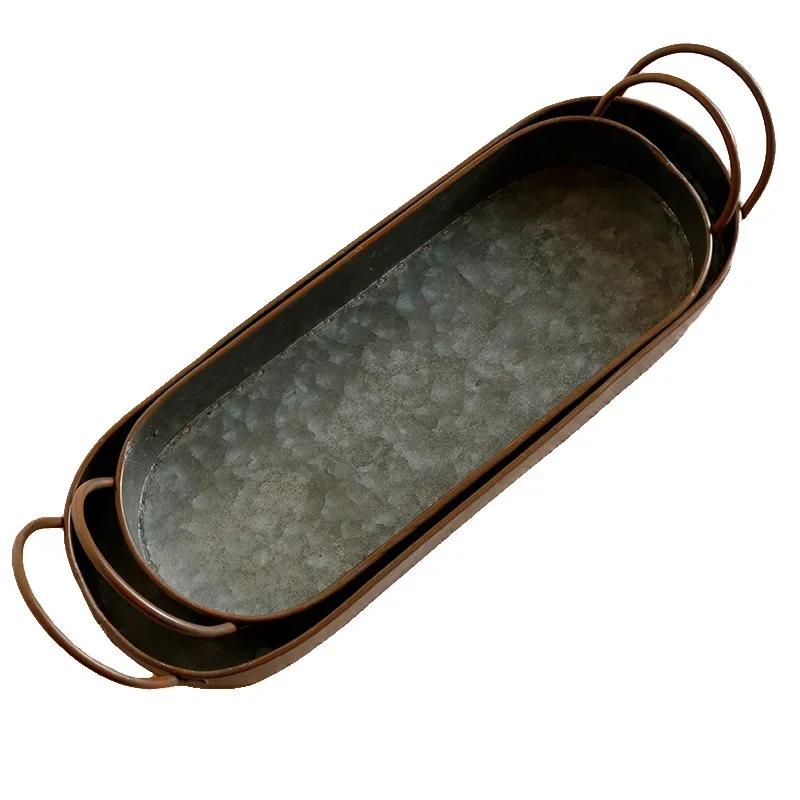 Ellipse Iron Plate Retro and Vintage Iron Tray Bread Dessert Delicious Food Photography Props Metal Storage Tray Serving Plate