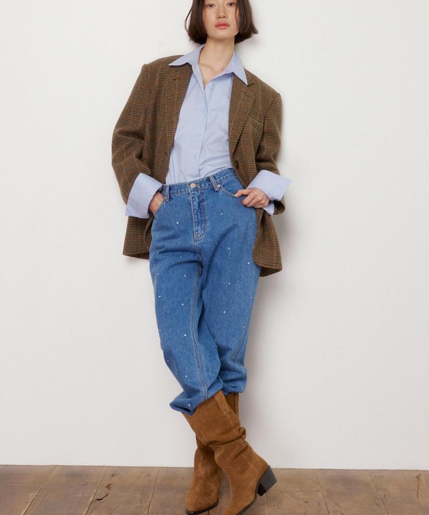 Okuka Shiny Wide Denim Pants - Blue