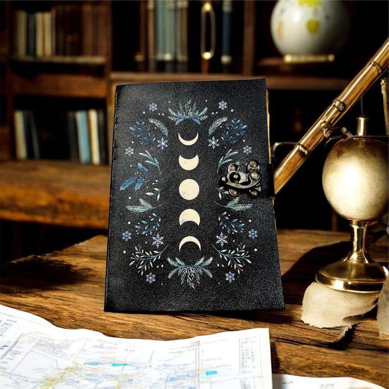 Moon Phase Leather Journal with Lock – Handmade Vintage Diary