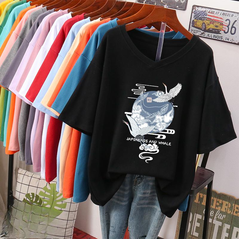 Short-sleeved T-shirt, Loose-fitting, Slimming Printed V-neck Top for Women