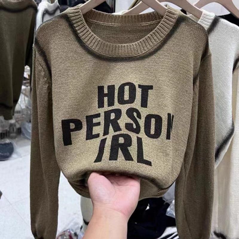 Früher Herbst neuer Retro lockerer Strickpullover mit Buchstabenprint für Damen Rundhals Nische vielseitig langärmliger Pullover